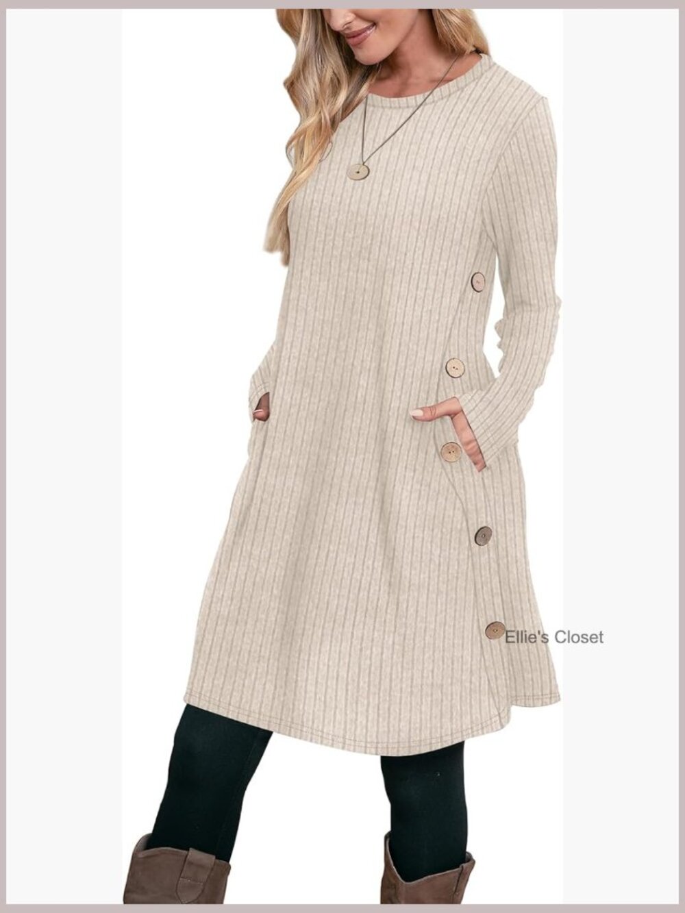 Long Sleeve Crew Neck Tunic Dress with Pockets